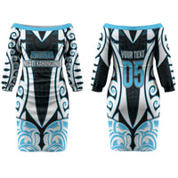 Custom Aotearoa Ngati Kahungunu Family Matching Off The Shoulder Long Sleeve Dress and Hawaiian Shirt New Zealand Traditional Maori Pattern DT05 Mom's Dress Blue - Polynesian Pride