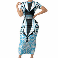 Custom Aotearoa Ngati Kahungunu Short Sleeve Bodycon Dress New Zealand Traditional Maori Pattern DT05 Long Dress Blue - Polynesian Pride