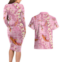 Pink Palaka Hawaiian And Japanese Couples Matching Long Sleeve Bodycon Dress and Hawaiian Shirt Sakura Lei With Koi Fish - Polynesian Pride
