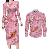 Pink Palaka Hawaiian And Japanese Couples Matching Long Sleeve Bodycon Dress and Long Sleeve Button Shirt Sakura Lei With Koi Fish - Polynesian Pride