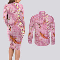 Pink Palaka Hawaiian And Japanese Couples Matching Long Sleeve Bodycon Dress and Long Sleeve Button Shirt Sakura Lei With Koi Fish - Polynesian Pride