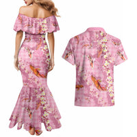 Pink Palaka Hawaiian And Japanese Couples Matching Mermaid Dress and Hawaiian Shirt Sakura Lei With Koi Fish - Polynesian Pride