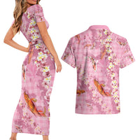 Pink Palaka Hawaiian And Japanese Couples Matching Short Sleeve Bodycon Dress and Hawaiian Shirt Sakura Lei With Koi Fish - Polynesian Pride