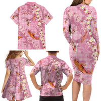 Pink Palaka Hawaiian And Japanese Family Matching Long Sleeve Bodycon Dress and Hawaiian Shirt Sakura Lei With Koi Fish - Polynesian Pride