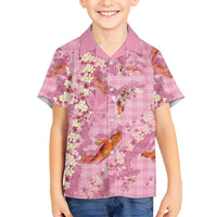 Pink Palaka Hawaiian And Japanese Family Matching Short Sleeve Bodycon Dress and Hawaiian Shirt Sakura Lei With Koi Fish - Polynesian Pride