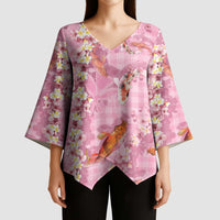 Pink Palaka Hawaiian And Japanese Kimono Sleeve Blouse Sakura Lei With Koi Fish DT05 - Polynesian Pride