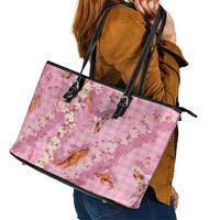 Pink Palaka Hawaiian And Japanese Leather Tote Bag Sakura Lei With Koi Fish DT05 - Polynesian Pride