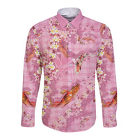 Pink Palaka Hawaiian And Japanese Long Sleeve Button Shirt Sakura Lei With Koi Fish DT05 Unisex Pink - Polynesian Pride