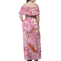 Pink Palaka Hawaiian And Japanese Off Shoulder Maxi Dress Sakura Lei With Koi Fish - Polynesian Pride