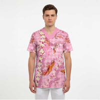 Pink Palaka Hawaiian And Japanese Scrub Top Sakura Lei With Koi Fish DT05 - Polynesian Pride