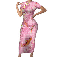 Pink Palaka Hawaiian And Japanese Short Sleeve Bodycon Dress Sakura Lei With Koi Fish DT05 Long Dress Pink - Polynesian Pride