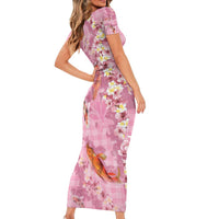 Pink Palaka Hawaiian And Japanese Short Sleeve Bodycon Dress Sakura Lei With Koi Fish - Polynesian Pride