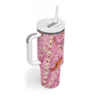 Pink Palaka Hawaiian And Japanese Tumbler With Handle Sakura Lei With Koi Fish - Polynesian Pride