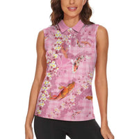 Pink Palaka Hawaiian And Japanese Women Sleeveless Polo Shirt Sakura Lei With Koi Fish DT05 - Polynesian Pride
