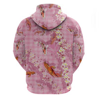 Pink Palaka Hawaiian And Japanese Zip Hoodie Sakura Lei With Koi Fish DT05 - Polynesian Pride