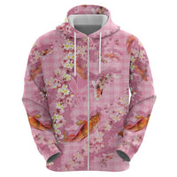 Pink Palaka Hawaiian And Japanese Zip Hoodie Sakura Lei With Koi Fish DT05 - Polynesian Pride