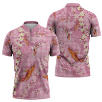 Pink Palaka Hawaiian And Japanese Zipper Polo Shirt Sakura Lei With Koi Fish DT05 - Polynesian Pride