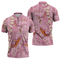 Pink Palaka Hawaiian And Japanese Zipper Polo Shirt Sakura Lei With Koi Fish - Polynesian Pride