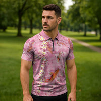 Pink Palaka Hawaiian And Japanese Zipper Polo Shirt Sakura Lei With Koi Fish DT05 - Polynesian Pride