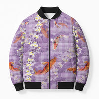 Purple Palaka Hawaiian And Japanese Bomber Puffer Jacket Sakura Lei With Koi Fish DT05 Unisex Purple - Polynesian Pride