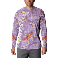 Purple Palaka Hawaiian And Japanese Button Sweatshirt Sakura Lei With Koi Fish DT05 - Polynesian Pride