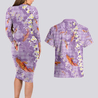 Purple Palaka Hawaiian And Japanese Couples Matching Long Sleeve Bodycon Dress and Hawaiian Shirt Sakura Lei With Koi Fish - Polynesian Pride