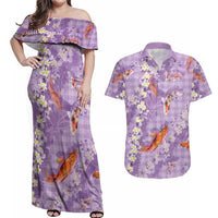 Purple Palaka Hawaiian And Japanese Couples Matching Off Shoulder Maxi Dress and Hawaiian Shirt Sakura Lei With Koi Fish - Polynesian Pride