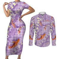 Purple Palaka Hawaiian And Japanese Couples Matching Short Sleeve Bodycon Dress and Long Sleeve Button Shirt Sakura Lei With Koi Fish - Polynesian Pride