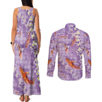 Purple Palaka Hawaiian And Japanese Couples Matching Tank Maxi Dress and Long Sleeve Button Shirt Sakura Lei With Koi Fish - Polynesian Pride