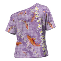 Purple Palaka Hawaiian And Japanese Cross Shoulder Shirt Sakura Lei With Koi Fish DT05 - Polynesian Pride