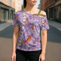 Purple Palaka Hawaiian And Japanese Cross Shoulder Shirt Sakura Lei With Koi Fish DT05 - Polynesian Pride