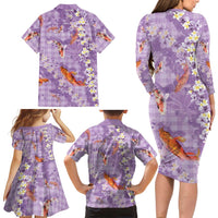 Purple Palaka Hawaiian And Japanese Family Matching Long Sleeve Bodycon Dress and Hawaiian Shirt Sakura Lei With Koi Fish - Polynesian Pride