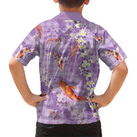 Purple Palaka Hawaiian And Japanese Family Matching Off The Shoulder Long Sleeve Dress and Hawaiian Shirt Sakura Lei With Koi Fish - Polynesian Pride