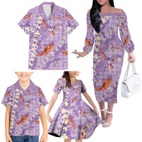Purple Palaka Hawaiian And Japanese Family Matching Off The Shoulder Long Sleeve Dress and Hawaiian Shirt Sakura Lei With Koi Fish - Polynesian Pride