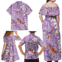 Purple Palaka Hawaiian And Japanese Family Matching Off Shoulder Maxi Dress and Hawaiian Shirt Sakura Lei With Koi Fish - Polynesian Pride