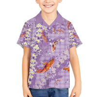 Purple Palaka Hawaiian And Japanese Family Matching Off Shoulder Maxi Dress and Hawaiian Shirt Sakura Lei With Koi Fish - Polynesian Pride