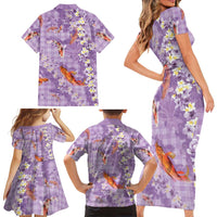 Purple Palaka Hawaiian And Japanese Family Matching Short Sleeve Bodycon Dress and Hawaiian Shirt Sakura Lei With Koi Fish - Polynesian Pride