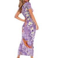 Purple Palaka Hawaiian And Japanese Family Matching Short Sleeve Bodycon Dress and Hawaiian Shirt Sakura Lei With Koi Fish - Polynesian Pride