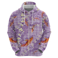 Purple Palaka Hawaiian And Japanese Hoodie Sakura Lei With Koi Fish - Polynesian Pride