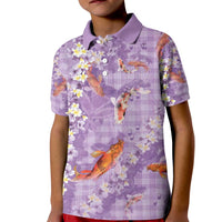 Purple Palaka Hawaiian And Japanese Kid Polo Shirt Sakura Lei With Koi Fish - Polynesian Pride