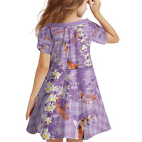 Purple Palaka Hawaiian And Japanese Kid Short Sleeve Dress Sakura Lei With Koi Fish - Polynesian Pride