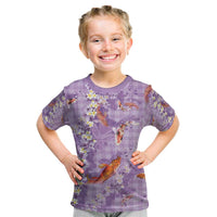 Purple Palaka Hawaiian And Japanese Kid T Shirt Sakura Lei With Koi Fish - Polynesian Pride