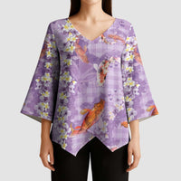 Purple Palaka Hawaiian And Japanese Kimono Sleeve Blouse Sakura Lei With Koi Fish DT05 - Polynesian Pride