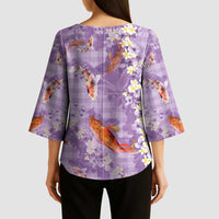 Purple Palaka Hawaiian And Japanese Kimono Sleeve Blouse Sakura Lei With Koi Fish DT05 - Polynesian Pride