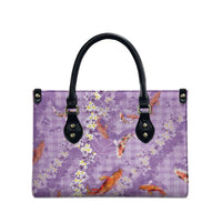 Purple Palaka Hawaiian And Japanese Leather Bag Sakura Lei With Koi Fish DT05 - Polynesian Pride