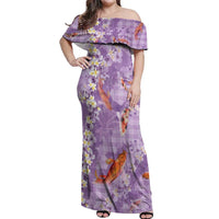 Purple Palaka Hawaiian And Japanese Off Shoulder Maxi Dress Sakura Lei With Koi Fish - Polynesian Pride