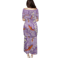 Purple Palaka Hawaiian And Japanese Puletasi Sakura Lei With Koi Fish DT05 - Polynesian Pride