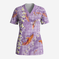 Purple Palaka Hawaiian And Japanese Scrub Top Sakura Lei With Koi Fish DT05 Adult Purple - Polynesian Pride