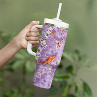 Purple Palaka Hawaiian And Japanese Tumbler With Handle Sakura Lei With Koi Fish - Polynesian Pride