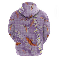 Purple Palaka Hawaiian And Japanese Zip Hoodie Sakura Lei With Koi Fish DT05 - Polynesian Pride